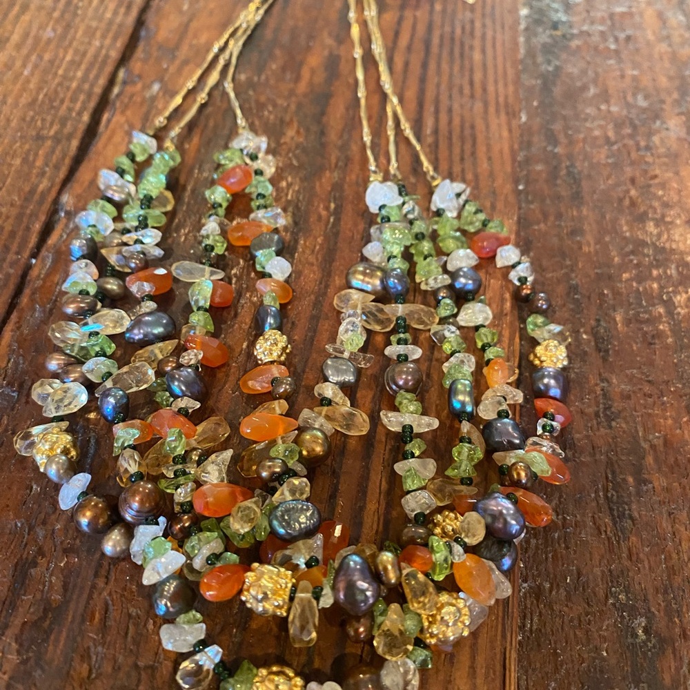 Vibrant Green and Orange Multi-Strand Necklace with Natural Stones